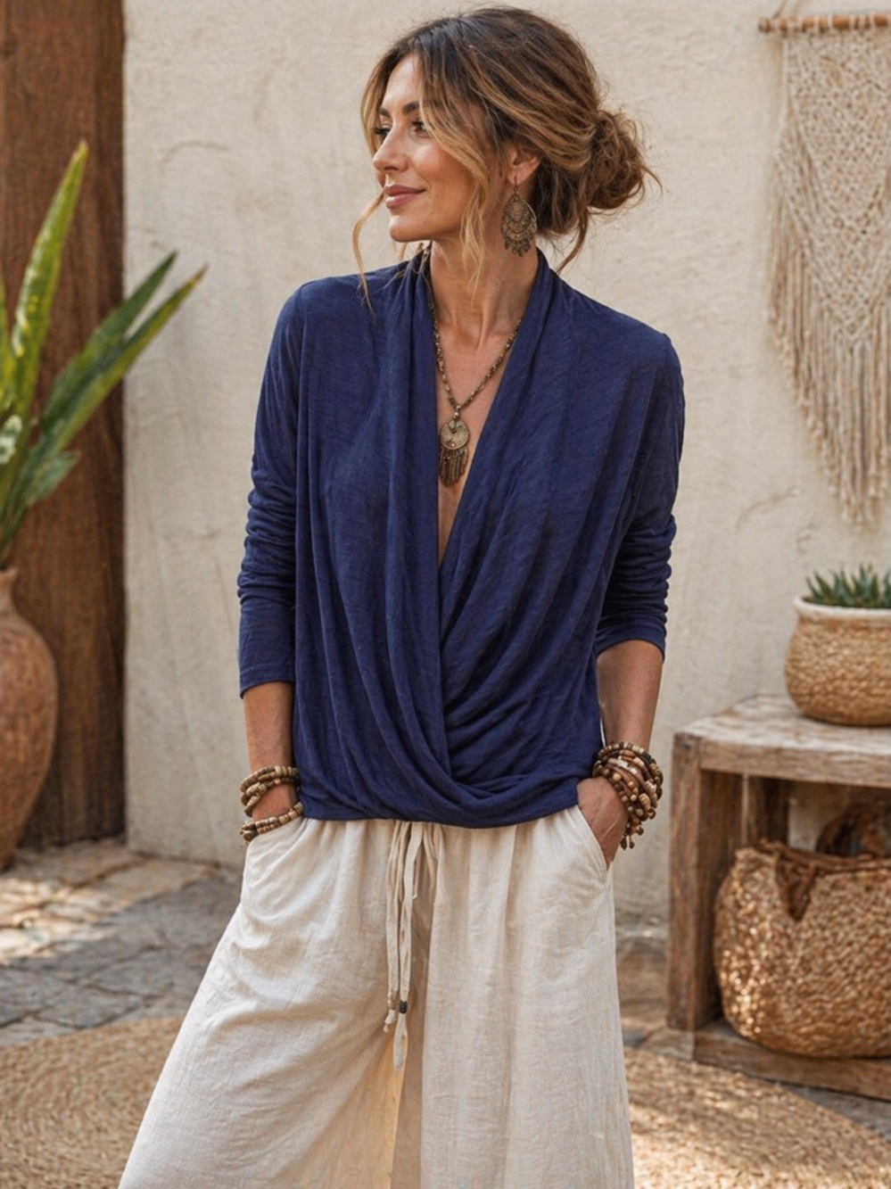 STELLA & DOT Oversized Midnight Blue Linen Blend Wrap Open Cardigan